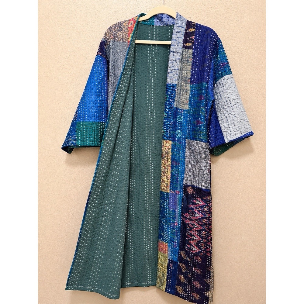 Vintage Silk Kantha Patchwork Robe Handmade Quilted Kimono Belted One Size - Picture 6 of 10